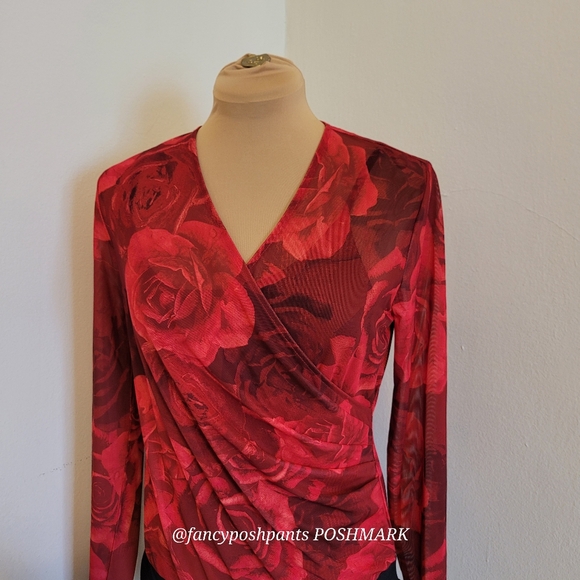 TAHARI red rose fitted  bodycon bodysuit attached black shaper liner snap - Picture 16 of 17